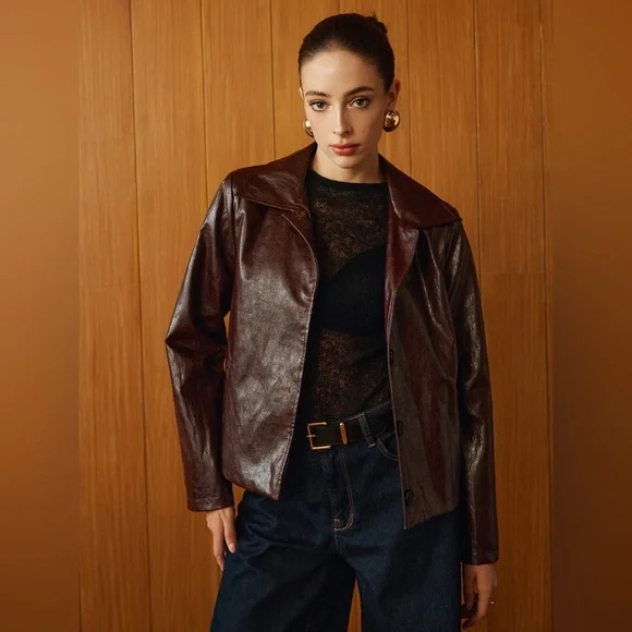 Commense Faux Leather Zipper Short Polo Jacket - Picture 3 of 15